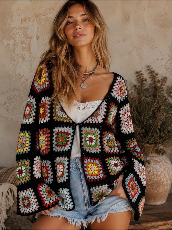 BiBi Sweaters - BiBi Granny Square Crochet Cardigan Sweater NWT Large